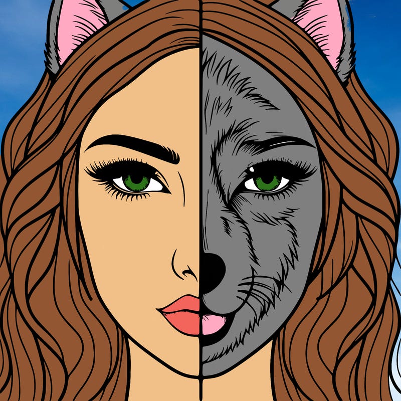 split face realistic woman and wolf