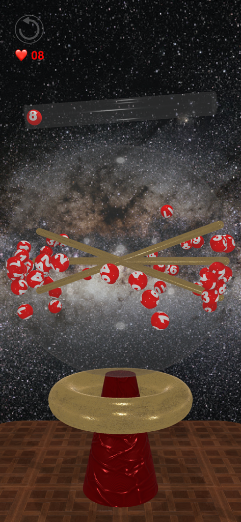 Lottery Wizard 3D - Máquina de lotería en 3D con bolas numeradas rojas rebotando en una esfera de vidrio contra un fondo espacial