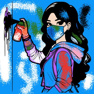 realistic girl with mask spray painting a wall