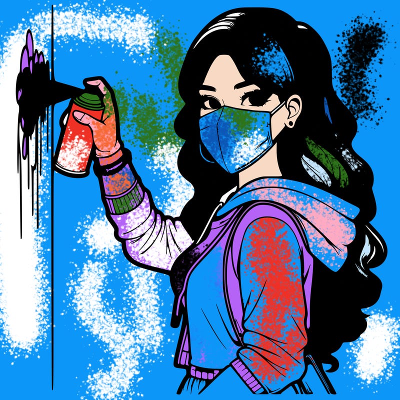realistic girl with mask spray painting a wall