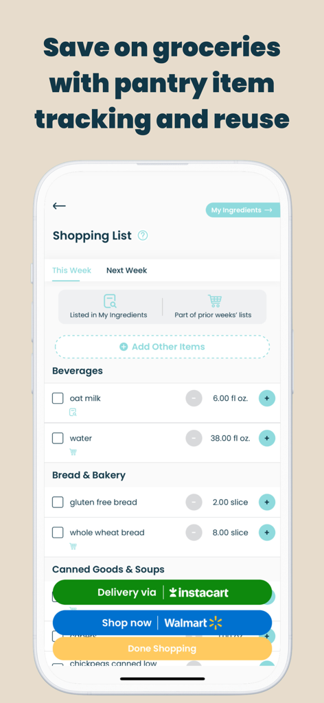 Una interfaz móvil para una lista de compras con seguimiento de despensa y opciones de entrega para Instacart y Walmart