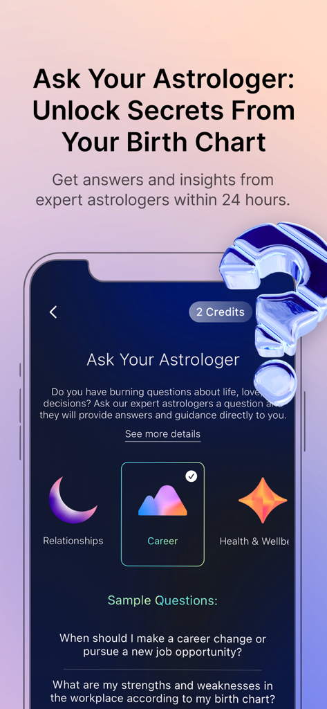align27 Vedic Astrology Guide - Oberfläche der align27 App, die die Funktion 'Fragen Sie Ihren Astrologen' mit Kategorien für Karriere, Beziehungen und Gesundheit zeigt.