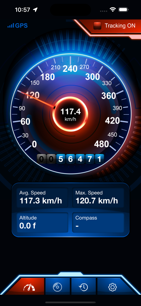 GPS speed tracker app displaying analog and digital speedometer with average and maximum speed metrics