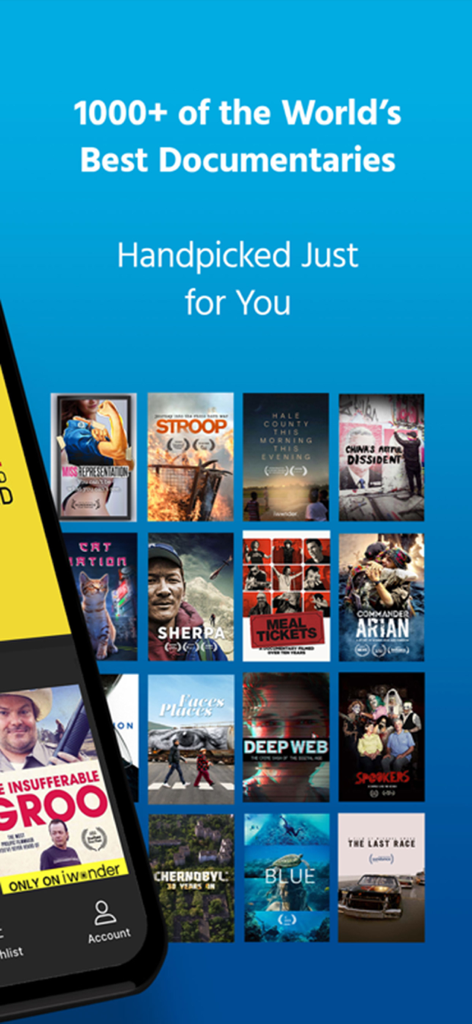 iwonder: watch documentaries - 다양한 큐레이션된 다큐멘터리 영화를 보여주는 iwonder 앱 화면