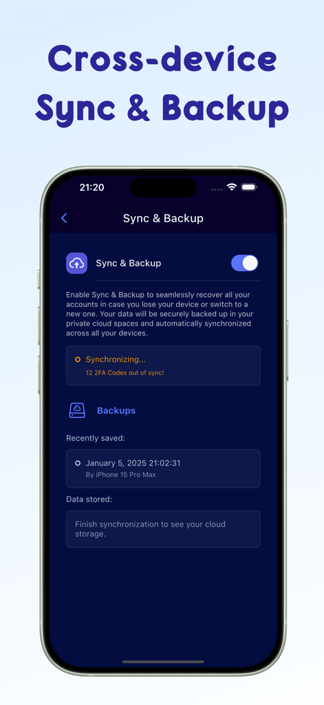 Interfaccia dell'app Authenticator che mostra le impostazioni di sincronizzazione e backup cross-device per i codici di sicurezza 2FA.