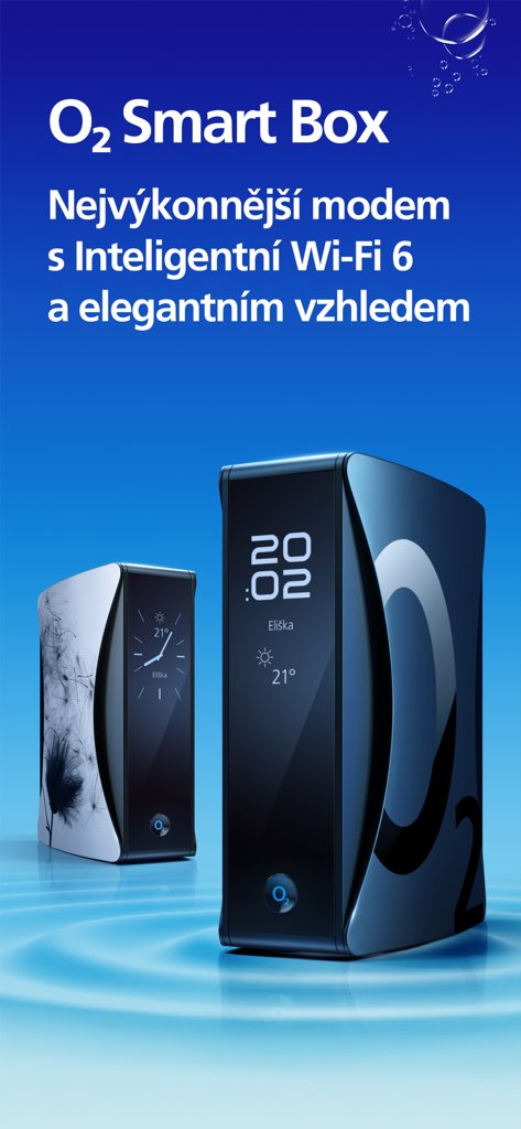 O2 Smart Box - Two O2 Smart Box modems with digital displays and Wi-Fi 6 technology on a blue background