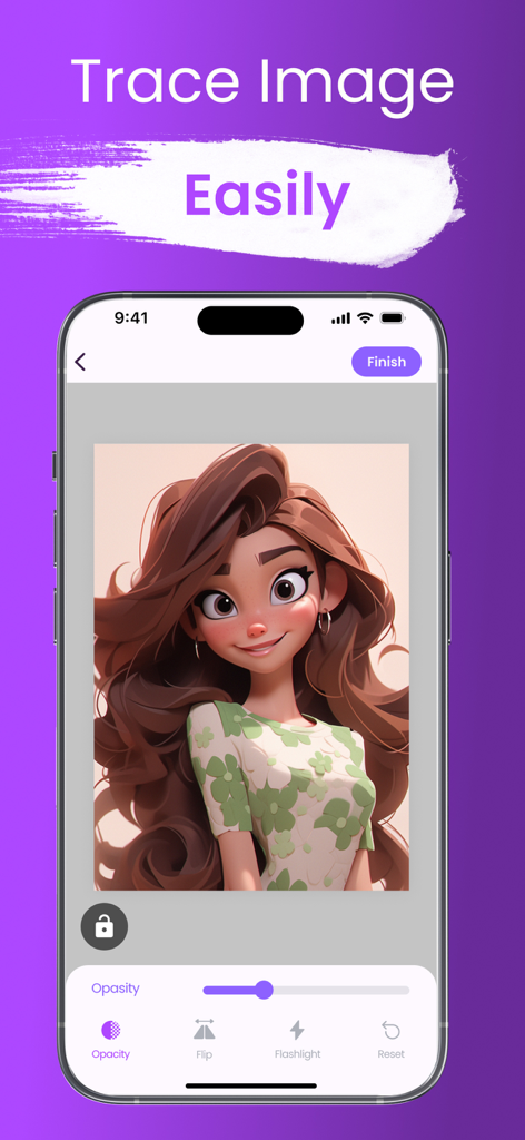 AR Drawing: Sketch Trace Paint - A mobile interface for the AR Drawing app showing a cartoon girl illustration being traced with editing tools like opacity and flip.