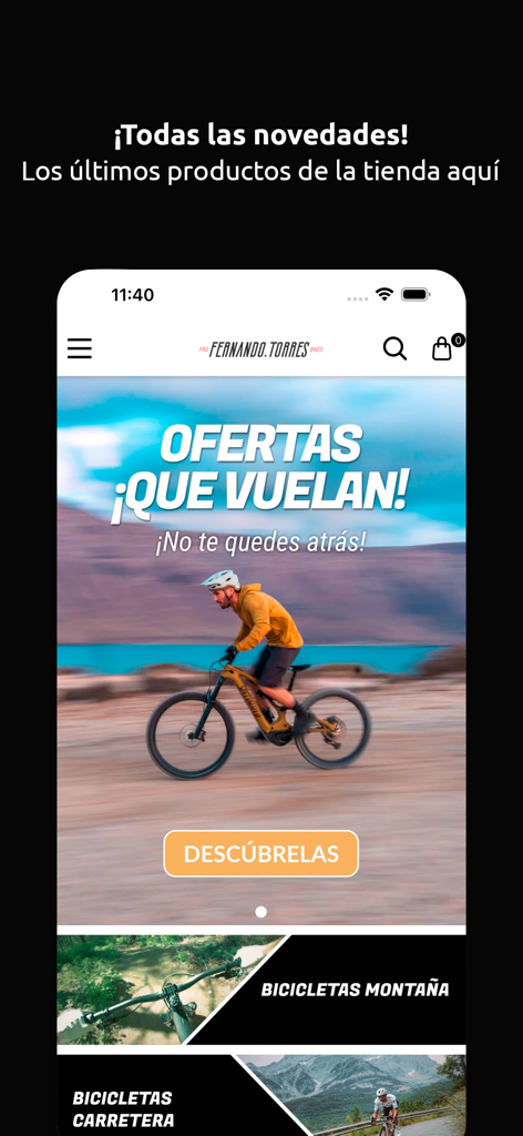 Fernando Torres Probikes - Aplicación móvil Fernando Torres Probikes mostrando ofertas de bicicletas de montaña y categorías de productos