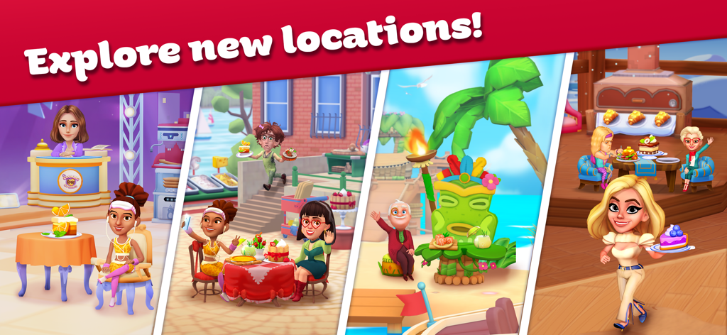 Cooking Stories: Fun cafe game - A collage showing different restaurant and cafe locations from the Cooking Stories game including a tropical beach and a cozy cafe.