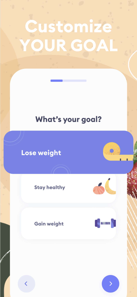 My Diet Coach - Weight Loss - My Diet Coach app screen showing goal selection options for losing weight staying healthy or gaining weight