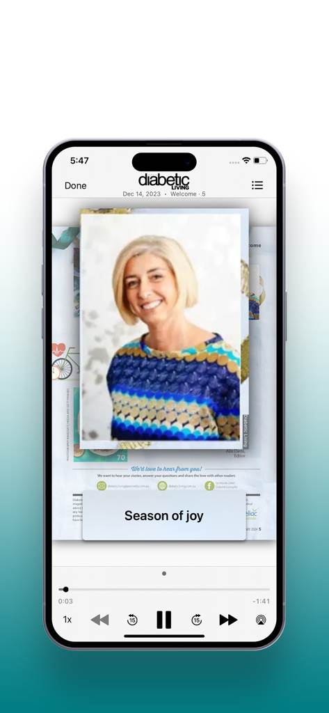 A digital page from Diabetic Living Magazine featuring a personal story titled Season of Joy with interactive audio controls