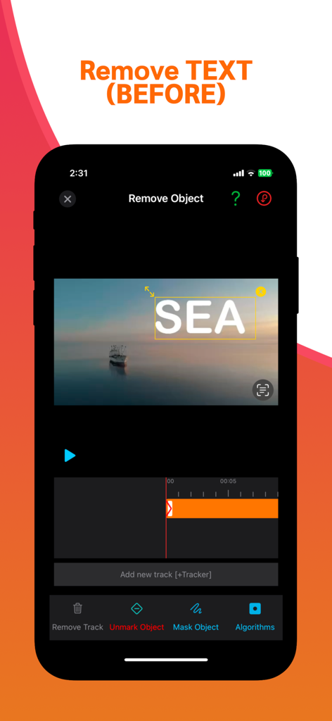 remove watermark video retouch - Interface of the video retouch app showing a text overlay selected for removal on a scenic video.