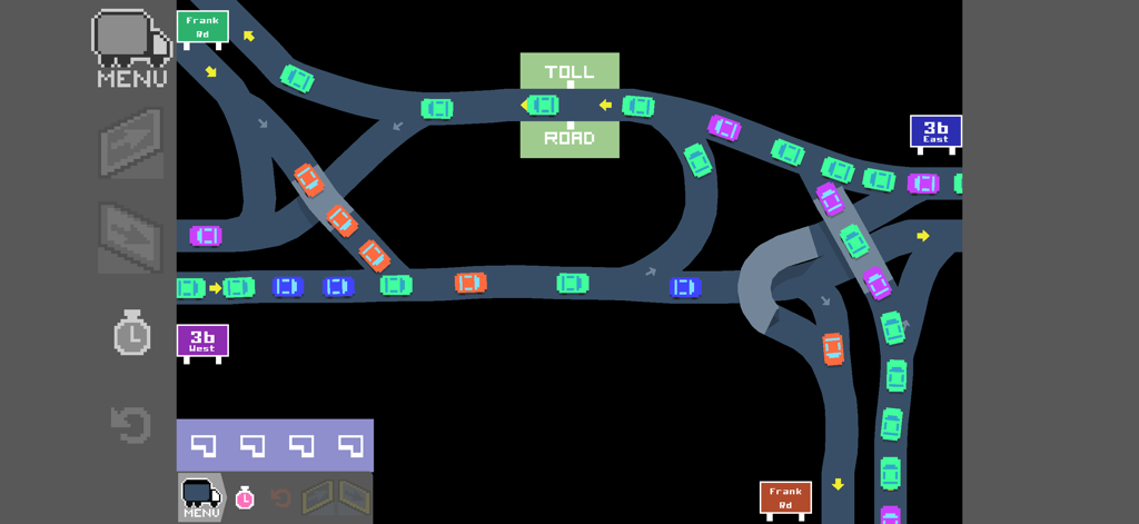 Minimalist freeway interchange design with colorful pixel cars and road signs