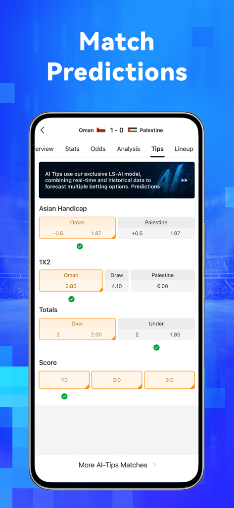 Livescore365-Tournament data - Livescore365 app interface showing AI sports betting tips and match predictions for a soccer game.