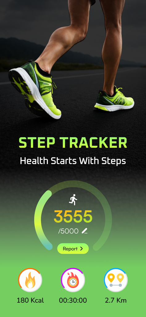 Step Counter - Daily Pedometer - Panel de la aplicación Podómetro Diario mostrando pasos diarios, calorías y distancia
