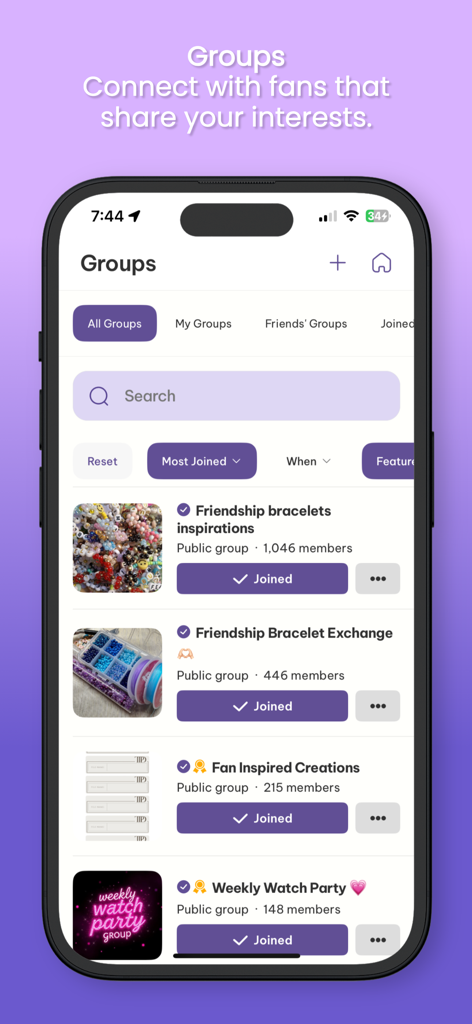 Taylor Time - iPhone screenshot of the Taylor Time app showing a list of fan community groups for friendship bracelets and watch parties