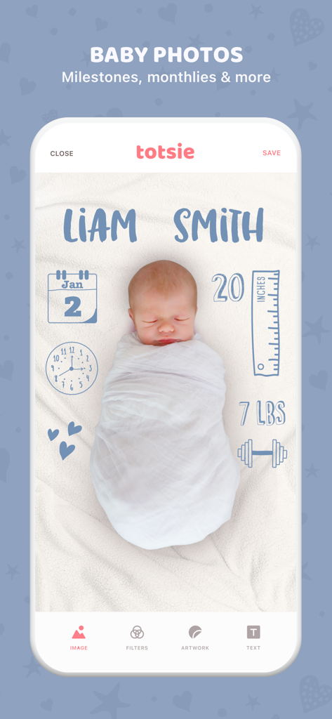 A newborn baby photo in the Totsie app with digital stickers showing birth weight length and date milestones