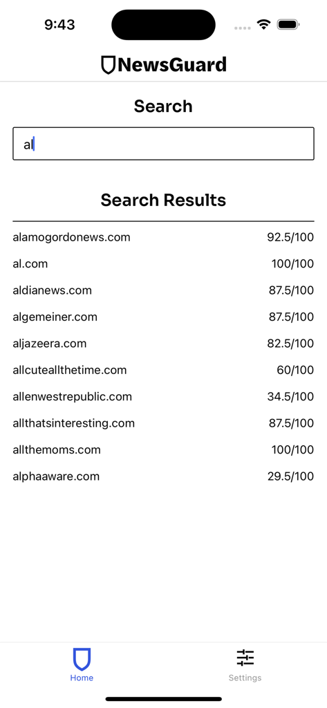 NewsGuard - News Trust Ratings - Screenshot of the NewsGuard app showing trust ratings and scores for various news websites in a search results list