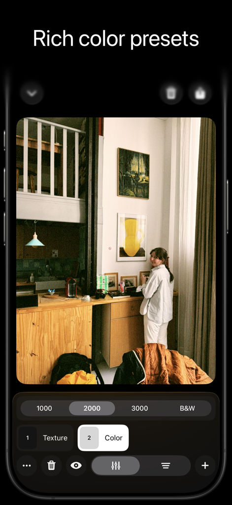 West - Photo & Video Editor - West photo editor interface showing rich color presets applied to a film style photo of a woman in an interior