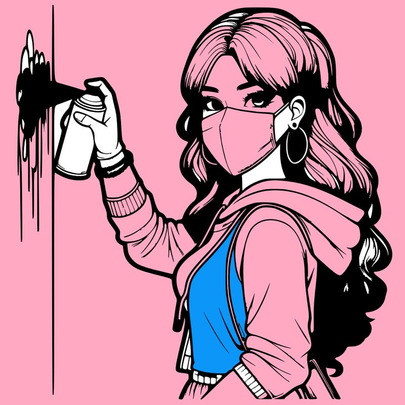 realistic girl with mask spray painting a wall