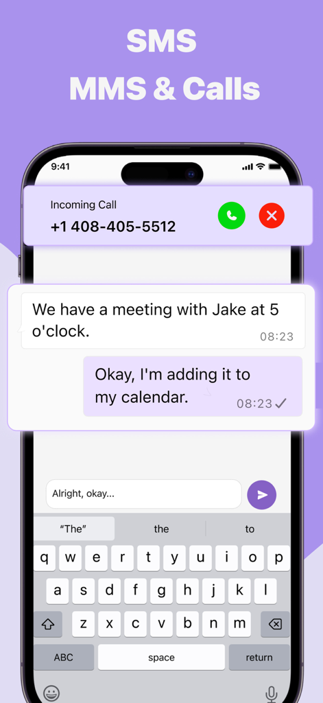 Second Phone Number | 2nd Line - Interface do aplicativo Second Phone Number exibindo uma conversa de chamada e mensagem de texto recebida.