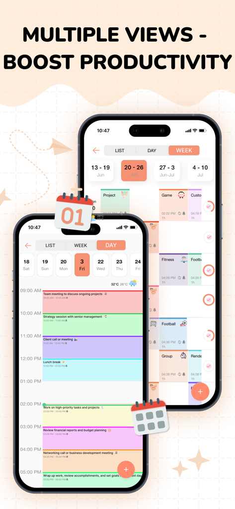 Two iPhone screens displaying day and week views of the Cute Calendar app with colorful event blocks and aesthetic stickers.