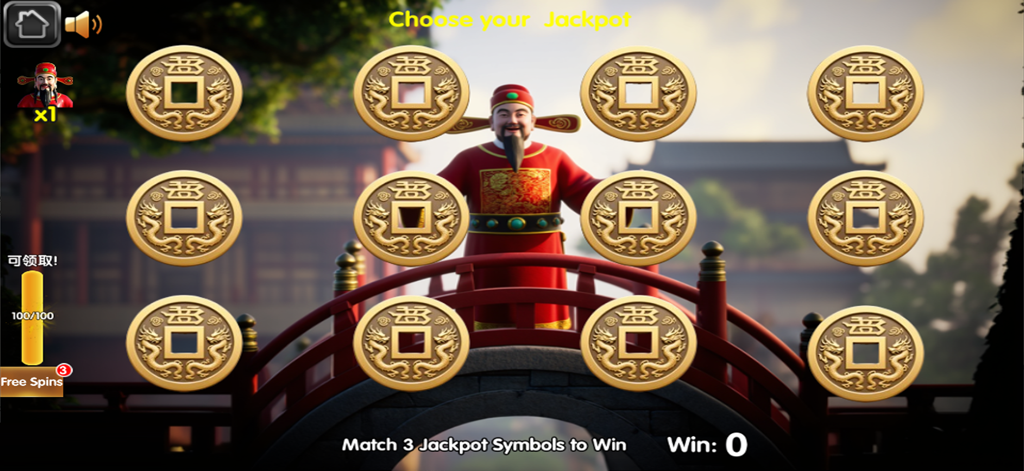 Schermata di selezione jackpot in Lucky Gold Casino Slots con un personaggio God of Wealth e monete d'oro