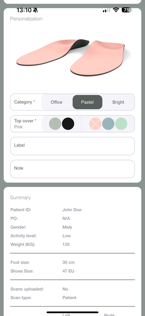 Personalization screen for 3D printed orthotics with patient summary data in the 8sole Flex app.