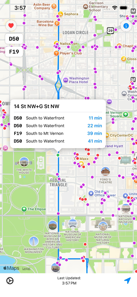 DC Next Bus - Map view showing real time bus arrival predictions for a transit stop in Washington DC
