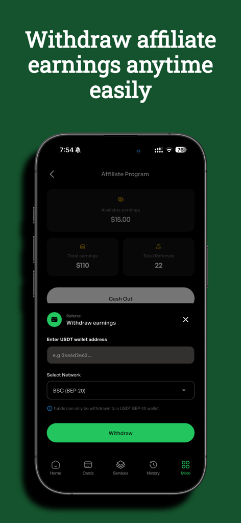 Digital Purse - Affiliate program dashboard in the Digital Purse app showing referral statistics and withdrawal options to a USDT wallet