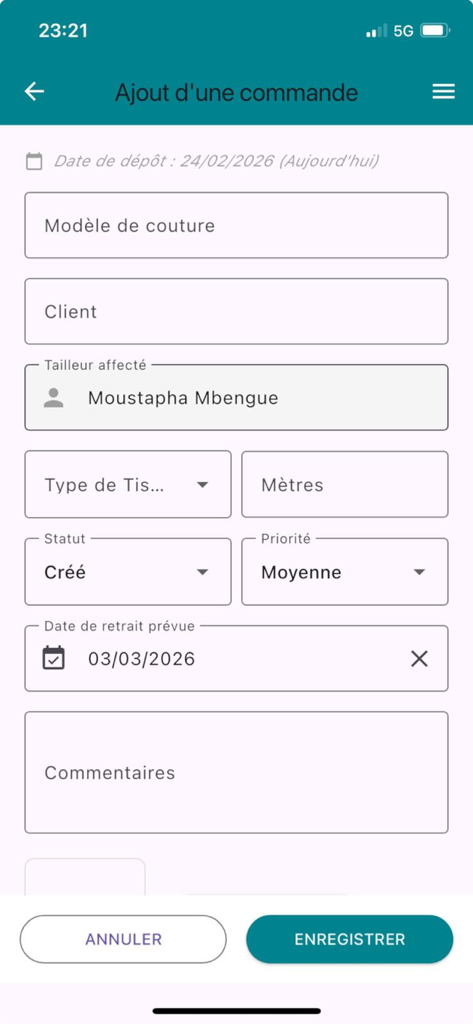 Tailor App - Interface for adding a new sewing order in the Tailor App including client and fabric details
