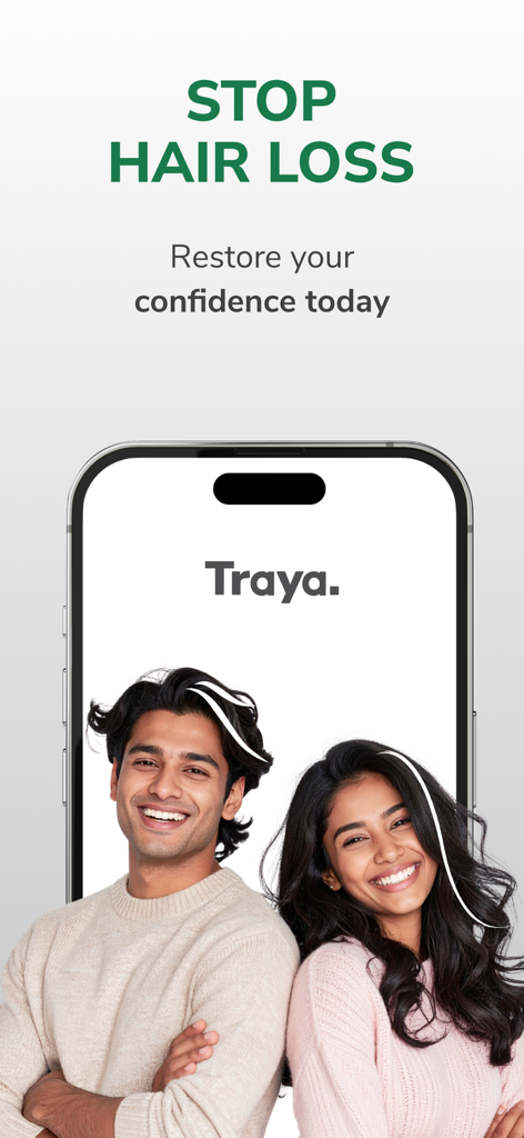 Traya hair loss solutions app screen showing a smiling man and woman with the text stop hair loss and restore your confidence