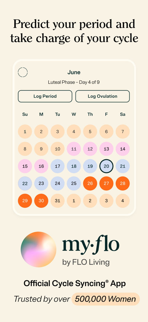 Interfaz de la aplicación de seguimiento del periodo MyFlo que muestra un calendario mensual con fases del ciclo codificadas por colores y botones de registro del periodo.