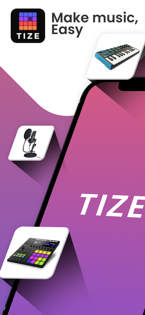 Tize: Music & Beat Maker - Tize Music and Beat Maker app promotion showing a microphone, keyboard, and drum machine