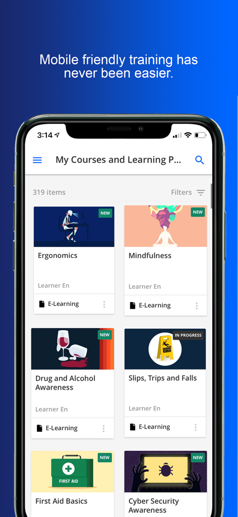 Allara Global - Allara Globalモバイルアプリの職場トレーニングモジュールのリストを表示するスマートフォンの画面