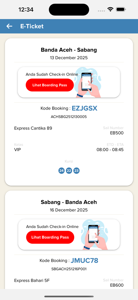 Schermata dell'app mobile che mostra biglietti elettronici per traghetti per rotte tra Banda Aceh e Sabang con dettagli di prenotazione e pulsanti per la carta d'imbarco digitale