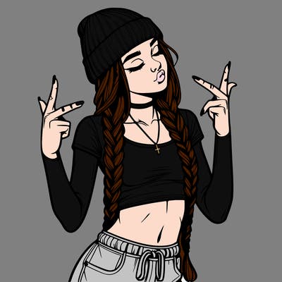 realistic teenage girl with braids and a beanie and crop top doing 🫶🏼