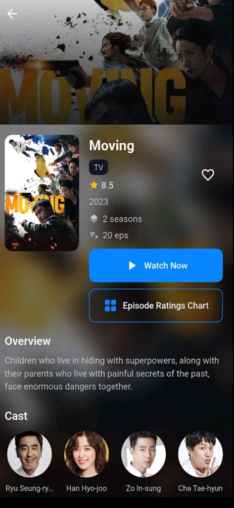 MovieBox app screen showing the details page for the TV show Moving with ratings and cast members