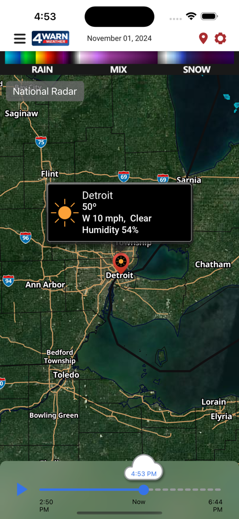 Interactive weather radar map for Detroit on the WDIV 4Warn Weather app