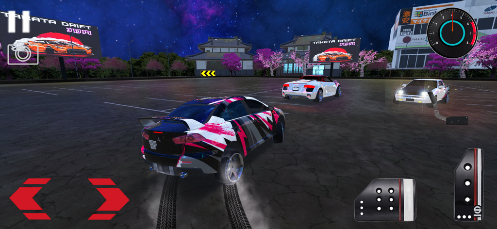 Drift Racing Legends JDM - A customized car performing a drift in a Japanese themed parking lot at night in Drift Racing Legends JDM