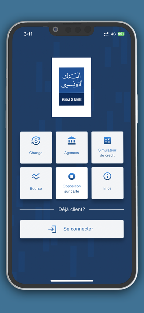 BT Mobile - BT Mobile app home screen with login button and quick links for currency exchange and bank branches