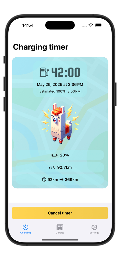 Kilowatt – Electric Car Timer - iPhone screenshot of the Kilowatt app showing an active electric vehicle charging timer with battery percentage and range estimation