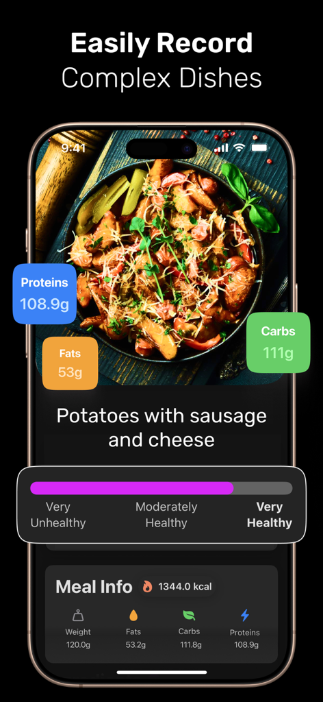 Nutri Snap: AI Calorie Counter - Interfaz de la aplicación Nutri Snap que demuestra el reconocimiento por IA de una comida compleja con un desglose detallado de calorías y macronutrientes