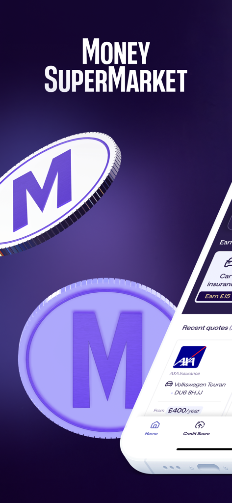 MoneySuperMarket app interface showing car insurance quotes and credit score navigation