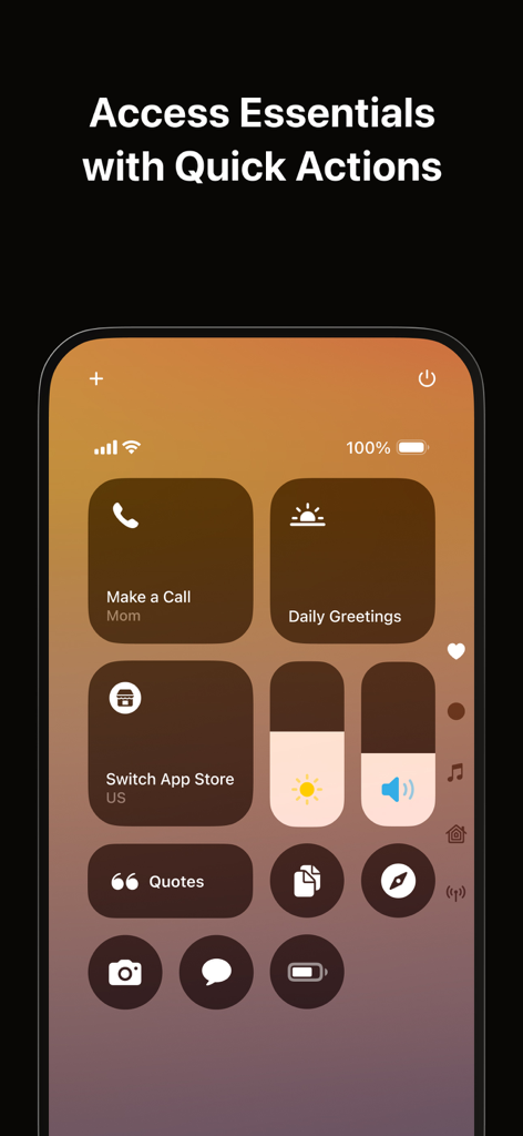 Un panel de pantalla de inicio de iOS personalizado con widgets minimalistas marrones para acciones rápidas y controles del sistema.