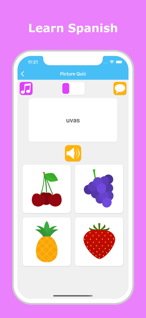 果物のイラストが入った語彙の絵クイズゲームを表示している、スペイン語学習アプリのインターフェース