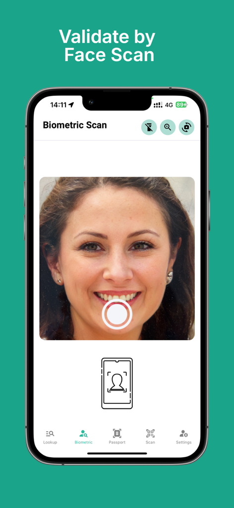 tValidator App-Oberfläche, die einen biometrischen Gesichtsscan zur Identitätsprüfung zeigt
