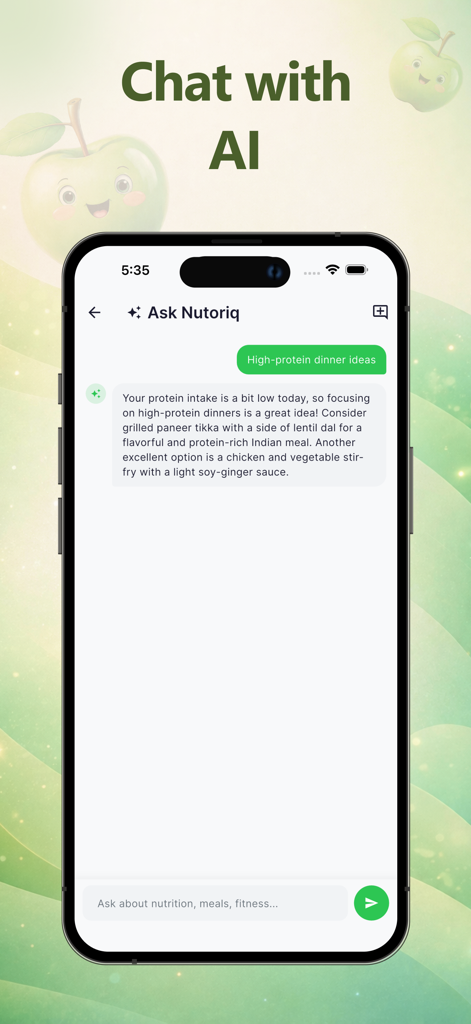 Nutoriq - AI Calorie Tracker - Nutoriq app interface showing the AI meal coach providing high protein Indian dinner suggestions