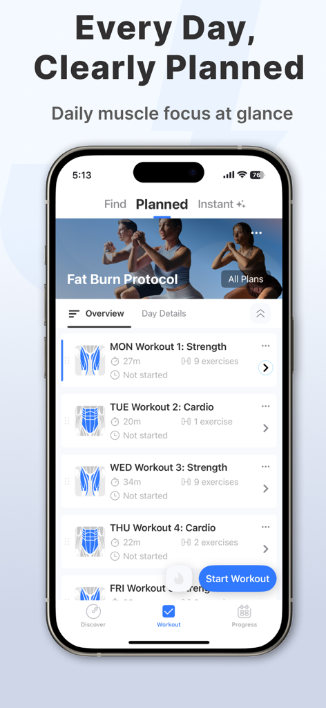 JEFIT Workout Plan Gym Tracker - Weekly gym workout schedule and daily muscle focus overview in the JEFIT app