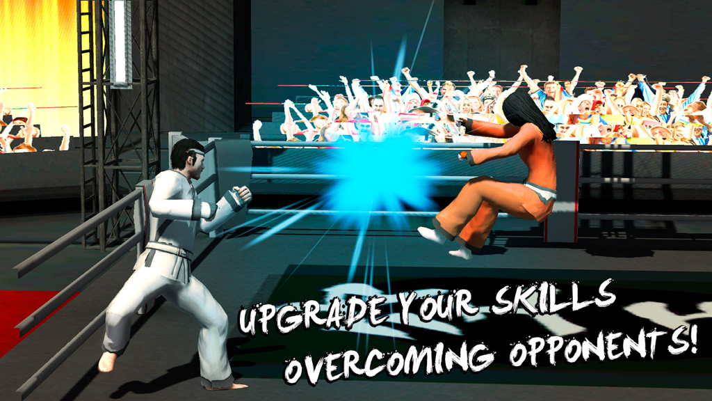 Karate Do Fighting Tiger 3D - Two martial arts fighters in a 3D combat ring with upgrade your skills text